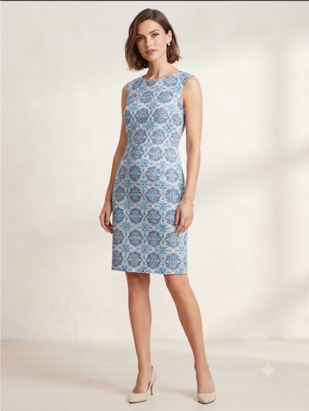 NWOT Jessica London Blue & Orange Geometric Print Linen Blend Sheath Dress 12W